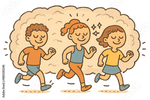 Happy Sensory Deprivation. Cheerful doodle sensory deprivation illustration with happy runners, cartoon muffled environment,