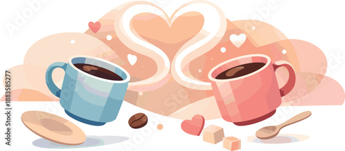 Coffee Love Scene. Abstract coffee romance scene built from floating mugs, heart steam trails, and glowing warm highlights, modern