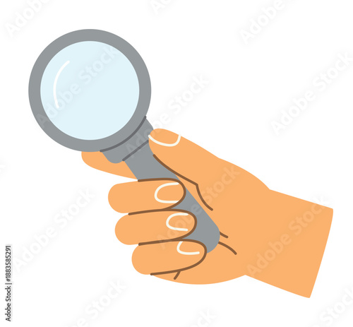 hand holding magnifying glass, search, analysis, research, discovery, investigation, focus, and attention to detail - vector illustration