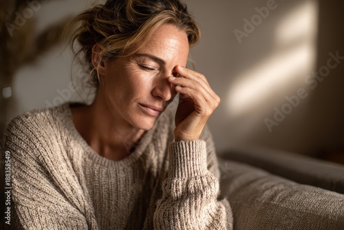 Wallpaper Mural Middle-aged woman wearing a soft knit sweater rubbing eyes in a warm indoor setting Torontodigital.ca