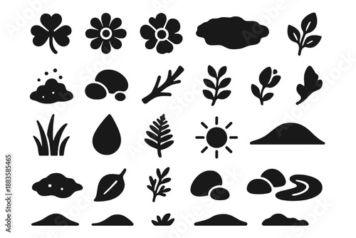 Natural Field Icons. Solid style icons of Natural Field Elements: clover patch, daisy flower, buttercup bloom, moss mat, soil clod