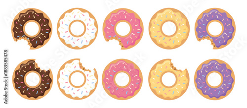 Colorful Donuts Vector Set Featuring Whole and Bite Donuts, Sweet Glazed Pastries, and Assorted Dessert Shapes Isolated on White Background for Food Illustration Design