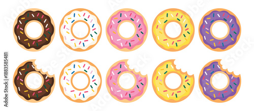 Colorful Donuts Vector Set Featuring Whole and Bite Donuts, Sweet Glazed Pastries, and Assorted Dessert Shapes Isolated on White Background for Food Illustration Design
