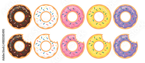 Colorful Donuts Vector Set Featuring Whole and Bite Donuts, Sweet Glazed Pastries, and Assorted Dessert Shapes Isolated on White Background for Food Illustration Design