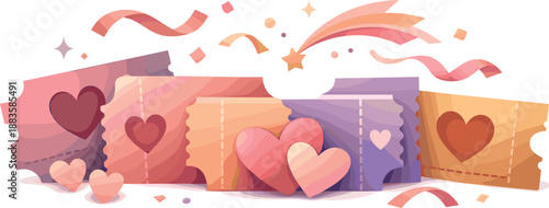 Romantic Ticket Silhouettes. Abstract romantic scene built from ticket silhouettes, heart cutouts, and flowing celebratory motion,