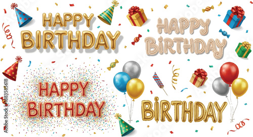Happy Birthday vector illustration set with balloons and confetti