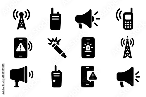 Emergency Communication Icons. Solid style icons of emergency communication: radio antenna, walkie-talkie, megaphone, satellite