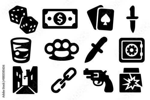 Underworld City Icons. Solid style icons of Underworld City: Dice, Dollar Bill, Card Deck, Whiskey Glass, Brass Knuckles, Dagger,
