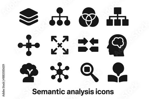 Semantic Analysis Icons. Solid style icons of semantic analysis: meaning layers, concept map, overlapping circles, polysemy