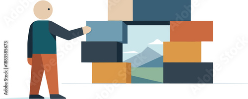 Image Generation. Single abstract geometric human figure positions at a measured distance while aligning visual blocks revealing