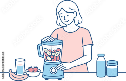 Simplified Smoothie Preparation. Woman blends fruits in a mixer while calmly making a smoothie at home Minimalist flat line vector