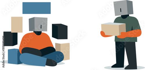 Image Generation. Second abstract geometric human figure appears holding one removed block while first remains surrounded showing