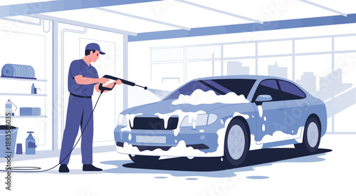 Worker Washing Car Exterior with Hose at Modern Car Wash Station, Vehicle Cleaning Process, Automotive Care Service Scene, and Professional Auto Detailing Visual Content