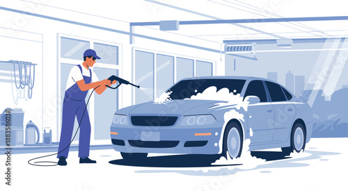 Worker Washing Car Exterior with Hose at Modern Car Wash Station, Vehicle Cleaning Process, Automotive Care Service Scene, and Professional Auto Detailing Visual Content