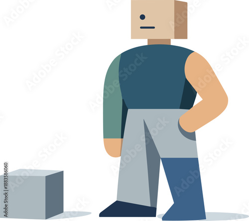 Image Generation. Calm abstract geometric figure stands beside single grounded block in wide white space resolving tech-driven