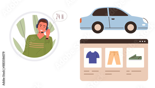 Business support, online shopping, customer service, transportation, e-commerce, logistics. a helpline operator, a car icon and e-commerce interface. Business support and online shopping