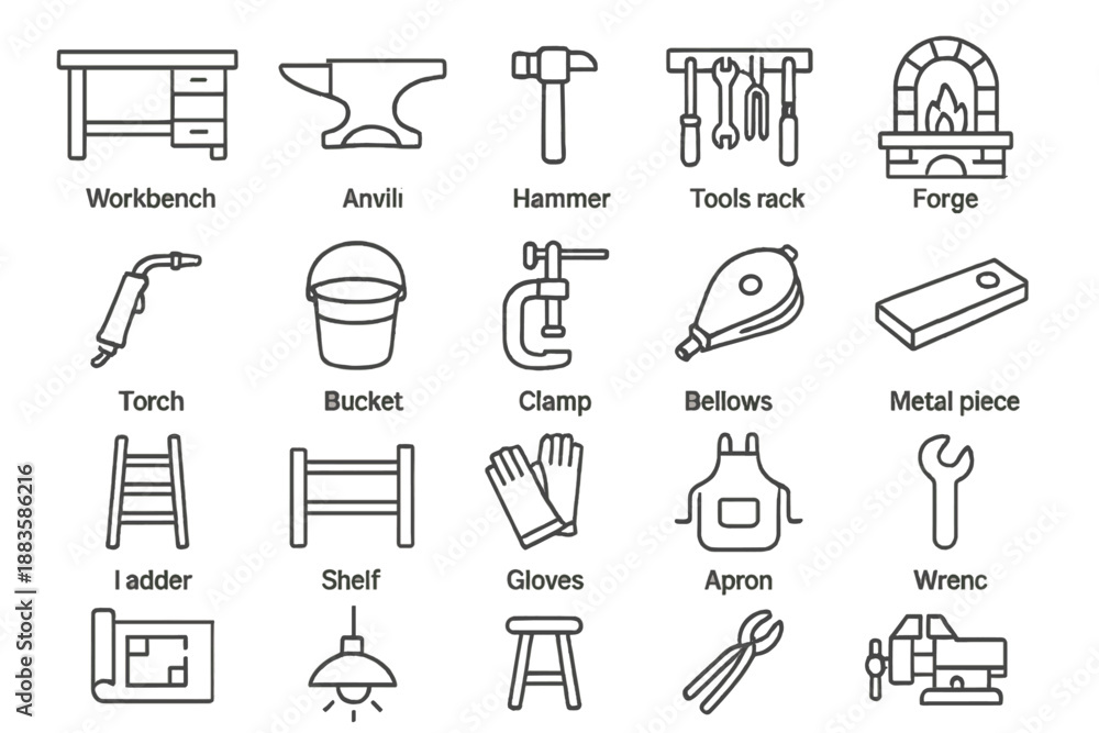 Naklejka premium Workshop Tools Icons. Line style icons of workshop details: workbench, anvil, hammer, tools rack, forge, torch, bucket, clamp,