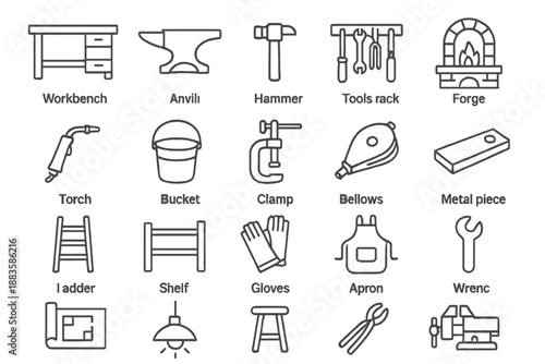 Workshop Tools Icons. Line style icons of workshop details: workbench, anvil, hammer, tools rack, forge, torch, bucket, clamp,