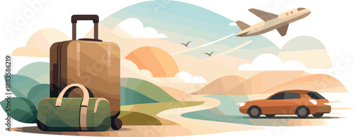 Weekend Getaway Illustration. Abstract travel-inspired composition expressing escape through motion, luggage shapes, and open