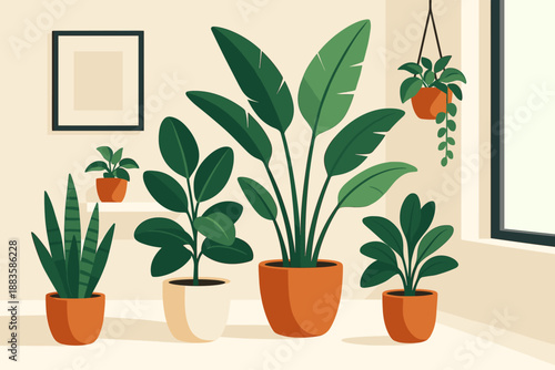 Modern Home Plants. Vibrant potted plants arranged in a minimalistic modern home interior, sharp and clean vector illustration