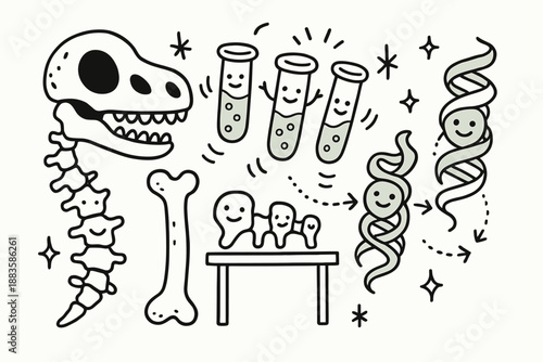 Whimsical Fossil Lab. Whimsical doodle molecular paleontology lab with smiling fossil bones, cartoon test tubes bouncing, cheerful