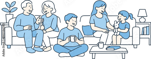 Minimalist Family Gathering. Family gathers in the living room sharing calm conversation and relaxed time Minimalist flat line
