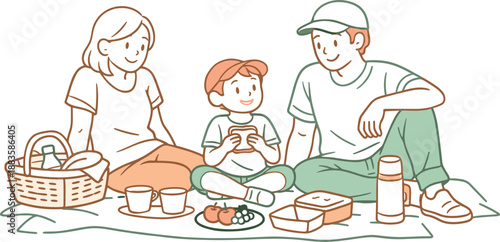 Peaceful Family Picnic. Family enjoying a quiet picnic break, two adults and a child seated comfortably on a blanket with relaxed