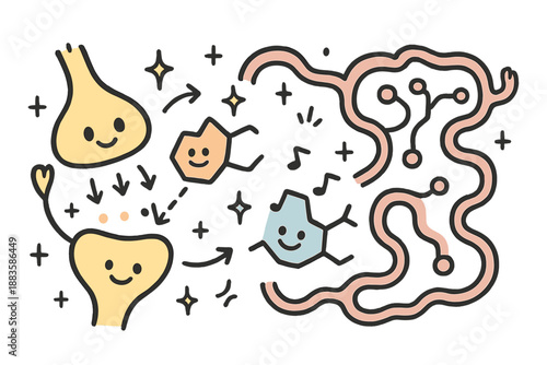 Happy Neurotransmitter Dance. Friendly doodle neurotransmitter dynamics scene with happy serotonin and dopamine molecules, cartoon