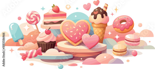Floating Sweet Motifs. Abstract dessert scene built from floating sweet motifs, heart-shaped treats, and glowing playful accents,