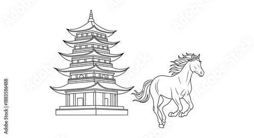 a detailed black and white drawing of a traditional korean pagoda and a running horse