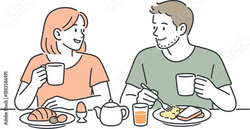 Morning Breakfast Harmony. Two partners enjoying breakfast side by side in the morning, clean flat line illustration showing