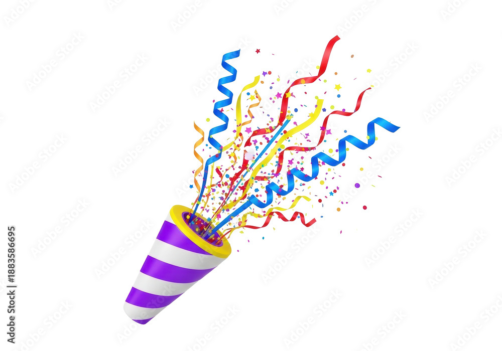 Obraz premium A vibrant 3D party popper with purple and white stripes and a yellow rim explodes with blue spiral streamers, red and yellow ribbons, and multi-colored stars on a transparent background with copy