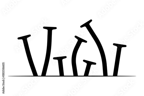 Various crooked hammered nails. Black silhouette. Front and side view. Vector simple flat graphic illustration. Isolated object on a white background.