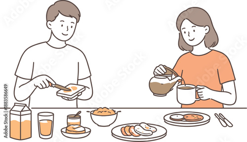 Weekend Breakfast Prep. Two family members prepare a simple weekend breakfast at the table calmly Minimalist flat line vector