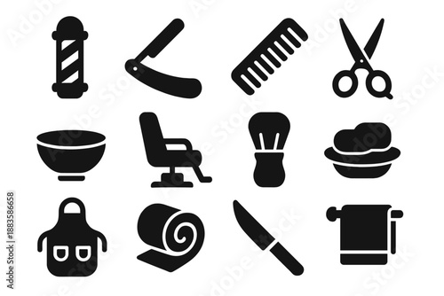 Barber-Surgeon Icons. Solid style icons of Barber-Surgeons: Barber Pole, Razor, Comb, Shears, Small Bowl, Chair, Brush, Soap,