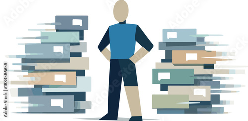 Image Generation. Abstract geometric human figure stands amid rapidly stacked message blocks blurring together expressing digital