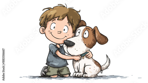 Playful Boy and Dog Cartoon Vector Illustration on White Background