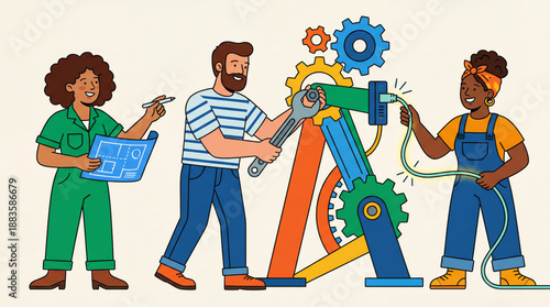 Diverse Engineering Team Collaborating on Machinery Repair with Blueprints and Wrench Vector Illustration