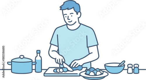 Simple Home Cooking. A man cooks a simple dinner at home, calmly preparing food at the kitchen counter, minimalist flat line