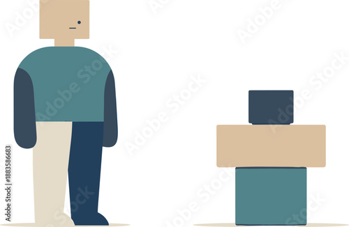 Image Generation. Calm abstract geometric human figure stands evenly beside single balanced block in wide white space resolving