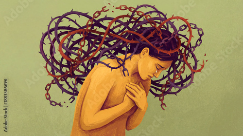 Concept of mental suffering showing a woman with thorns and chains in hair symbolizing pain and anxiety