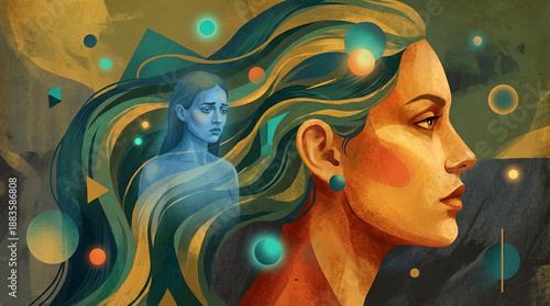 Conceptual Illustration of a Woman's Profile Revealing Inner Sadness, Mental Health Duality, and Psychological State
