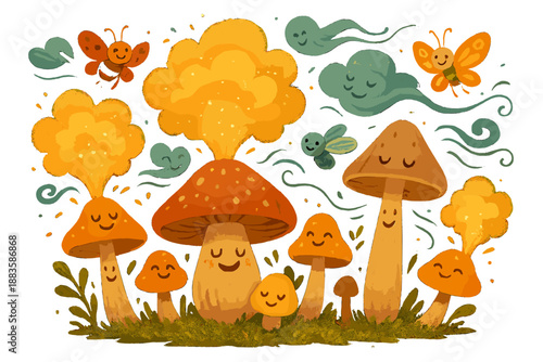 Spore Release Celebration. Spore release festival with mushrooms puffing glowing clouds, happy insects floating, and breezy winds