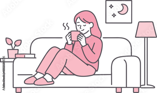 Relaxing Tea Evening. Woman relaxes on a sofa sipping tea quietly during a peaceful evening Minimalist flat line vector
