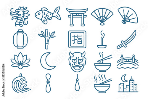 Eastern Neon Icon Set. Line style icons of Eastern Neon Culture: dragon lantern, koi fish, temple gate, neon fan, paper lantern,