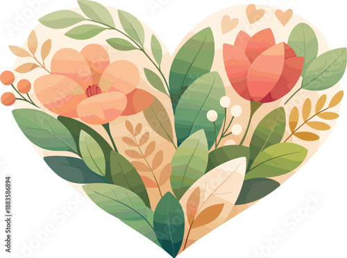 Botanical Heart Design. Stylized botanical shapes merging into a calm romantic heart composition, modern flat vector illustration