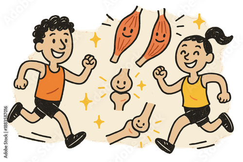 Happy Muscles and Joints. Playful doodle pain tolerance illustration with happy runners, cartoon muscles stretching with faces,