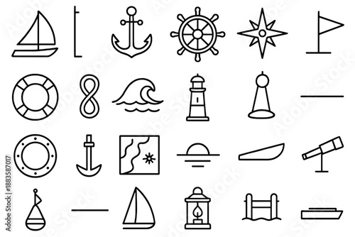 Nautical Line Icons. Line style icons of sailing vessels: sailboat, mast, anchor, ship wheel, compass rose, lifebuoy, rope knot,