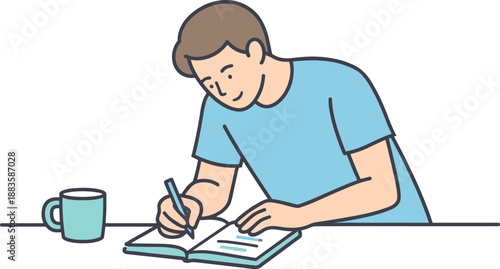 Quiet Notetaking Scene. Man leans over a table jotting down thoughts in a notebook quietly Minimalist flat line vector