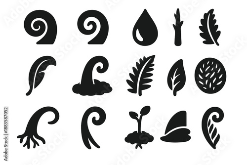 Fern Unfolding Icons. Solid style icons of Fern Unfolding Scroll: curled frond, leaf spiral, dew droplet, stem vein, soft curl,